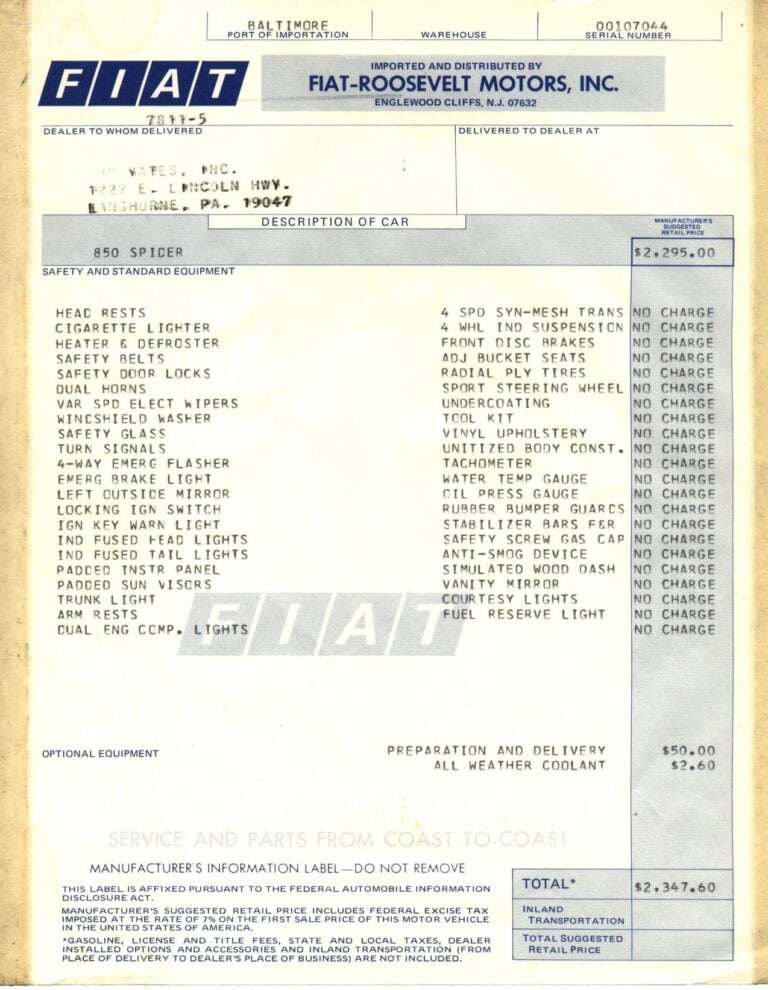 1971 Fiat 850 Spider Window Sticker